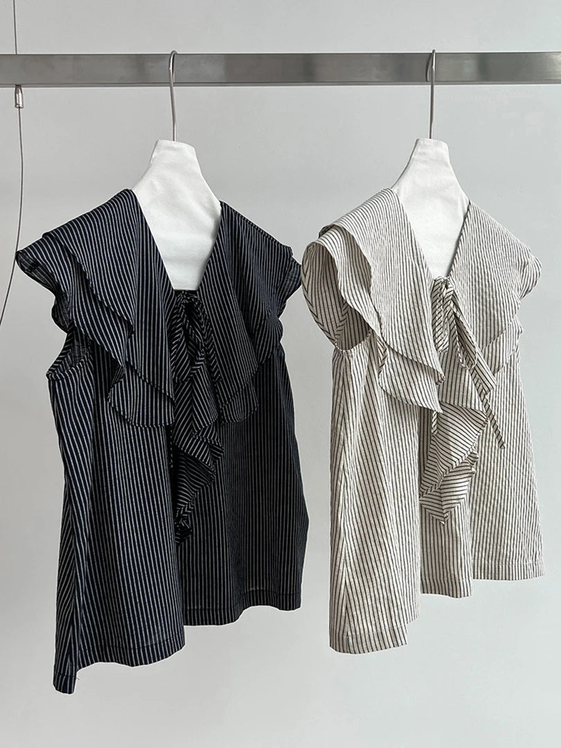 Women Navy Blue Ruffles Striped Elegant  Blouse New V-Neck Short Sleeve Shirt Fashion Tide Spring Summer 2025 1DJ1697