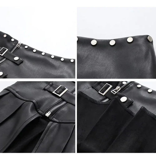 Load image into Gallery viewer, Spring Summer Sexy Retro White Black Pu Leather Mini Pleated Skirt Women Zipper Rivet Side Slit Short Designer Clothes
