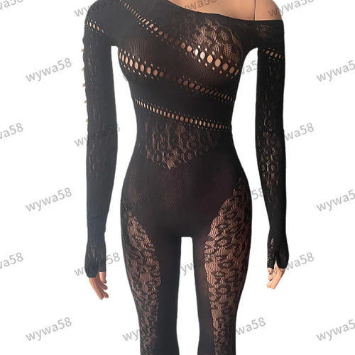 Load image into Gallery viewer, Sexy Long Sleeved Mesh Hollow Out Patch Women Jumpsuit 2024 Fall New Elastic Tight Fitting Female Street Club Clothing

