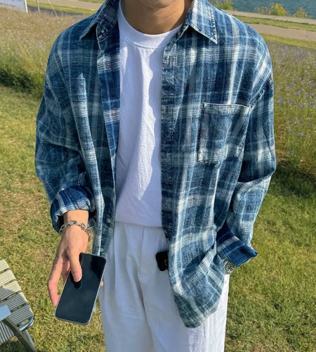 Men's Long Sleeve Shirts Plaid Male Spring Loose Single Breasted Casual Top Korean Trendy Lapel Clothing Tide 9W1486