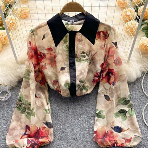 Load image into Gallery viewer, Fashion Print Shirt or Women Long Sleeve Turn Down Collar Korean Fashion Blouse Laides Vintage Button Up Casual Top
