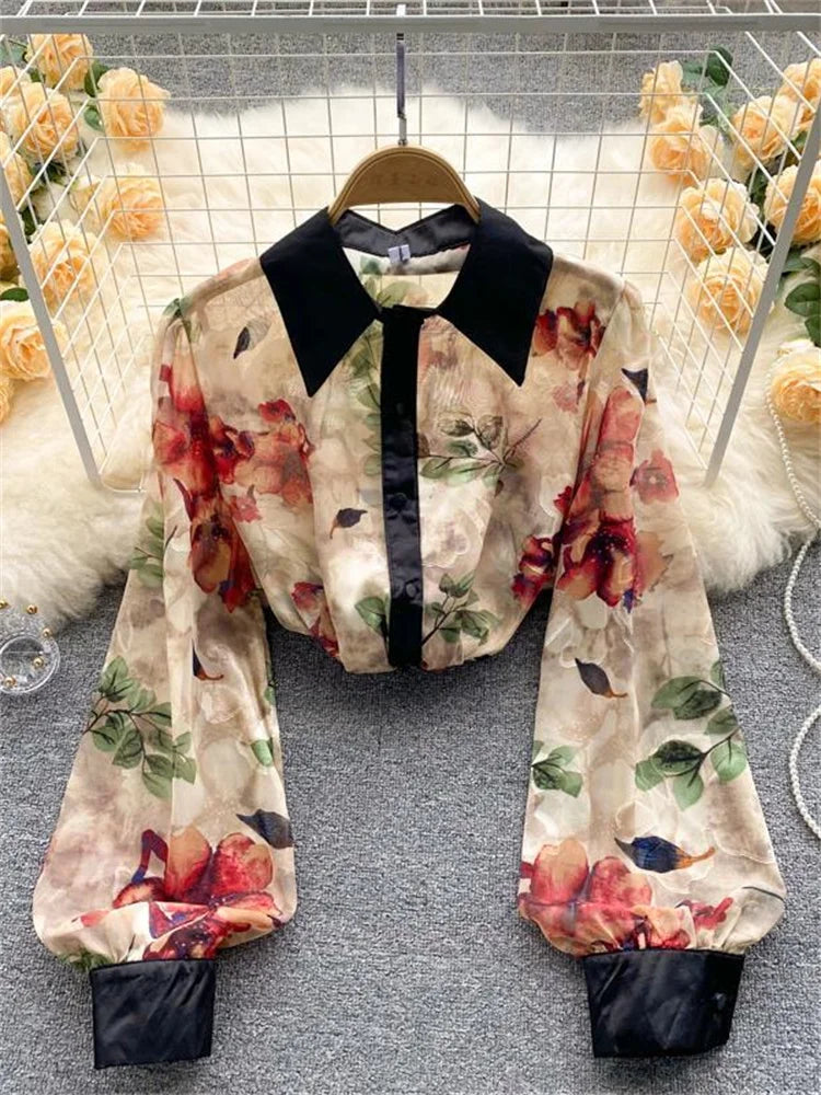 Fashion Print Shirt or Women Long Sleeve Turn Down Collar Korean Fashion Blouse Laides Vintage Button Up Casual Top