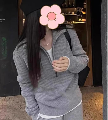 Vintage Black White Streetwear Knitted Pullovers Tops Women Korean Style Casual Losse Grey Zipper Sweater Autumn Winter 2024 New