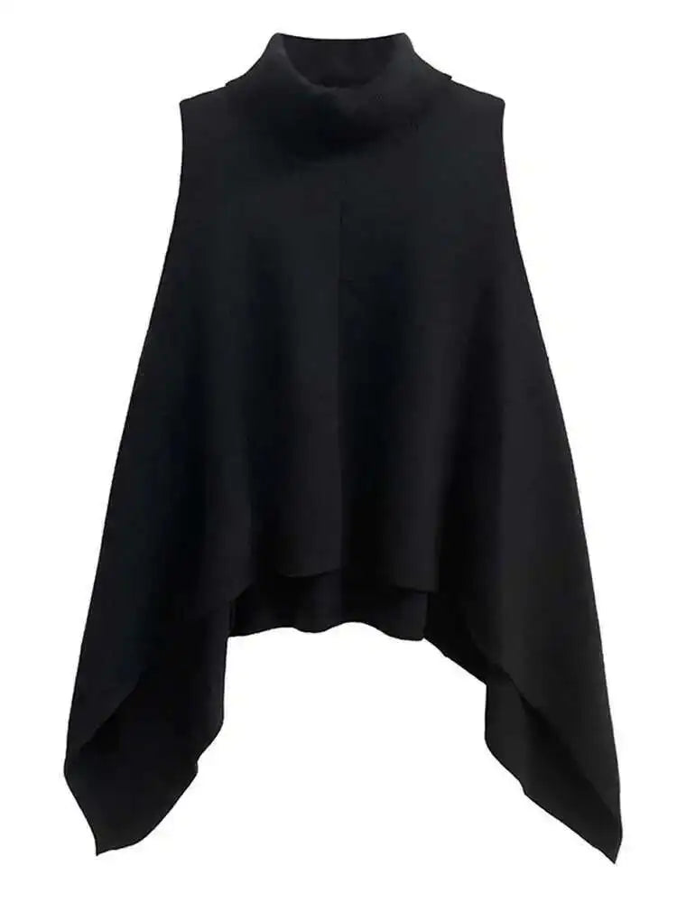 Black Irregular Big Size Knitting Sweater Turtleneck Sleeveless Women Pullovers New Fashion Spring Autumn 2025 1DH6998