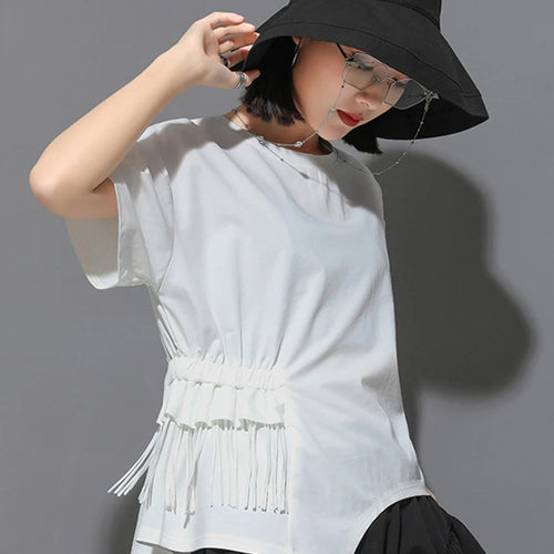Load image into Gallery viewer, Women White Irregular Tassels Big Size Casual T-shirt New Round Neck Short Sleeve Fashion Tide Spring Summer 2025 1DJ1759
