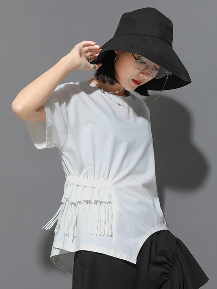 Women White Irregular Tassels Big Size Casual T-shirt New Round Neck Short Sleeve Fashion Tide Spring Summer 2025 1DJ1759