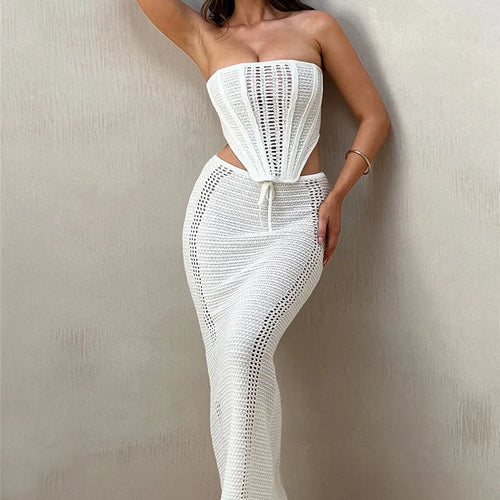 Load image into Gallery viewer, Elegant Knit Skirt Two Piece Sets Women Strapless Bandage Crop Tops And Maxi Skirt Femme Lace Up Sexy Ttwo Piece Sets
