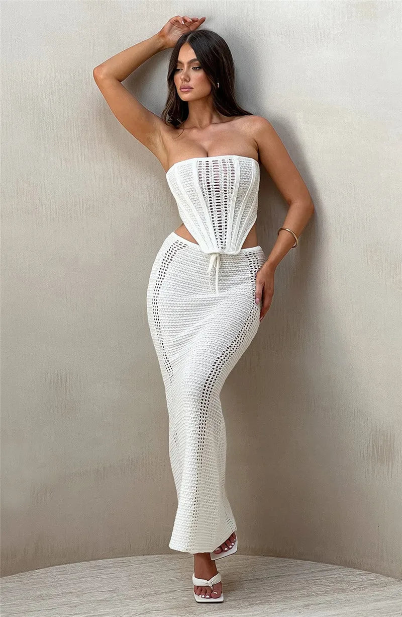 Elegant Knit Skirt Two Piece Sets Women Strapless Bandage Crop Tops And Maxi Skirt Femme Lace Up Sexy Ttwo Piece Sets