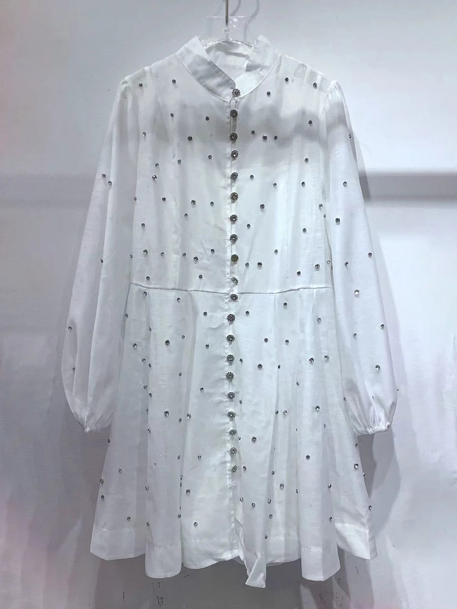 Solid Spliced Lace Up Loose Dresses For Women O Neck Long Sleeve High Waist Temperament Dress Female Clothes New