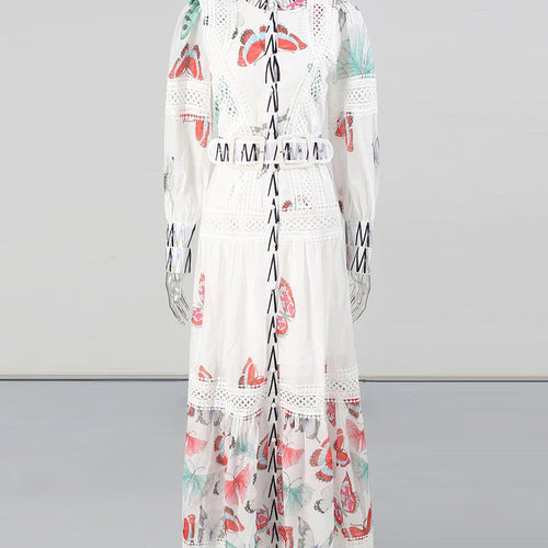 Load image into Gallery viewer, Printing Sheer Spliced Single Breasted Dresses for Women Round Neck Long Sleeves Patchwork Belt Dress Female New
