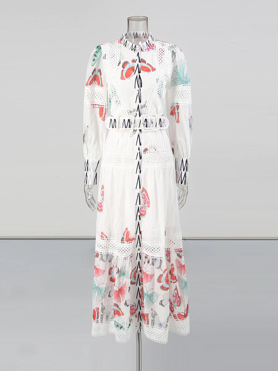 Printing Sheer Spliced Single Breasted Dresses for Women Round Neck Long Sleeves Patchwork Belt Dress Female New