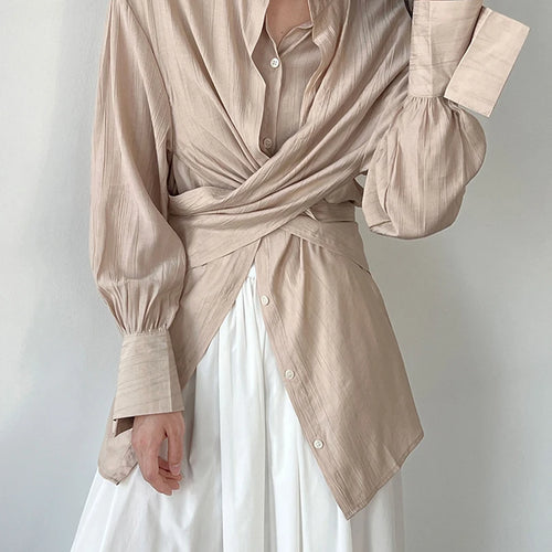 Load image into Gallery viewer, Women Apricot Irregular Cross Big Size Blouse New Stand Collar Long Sleeve Shirt Fashion Tide Spring Autumn 2025 1DJ1690
