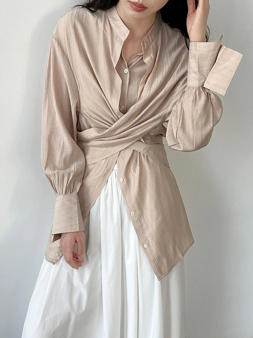 Women Apricot Irregular Cross Big Size Blouse New Stand Collar Long Sleeve Shirt Fashion Tide Spring Autumn 2025 1DJ1690