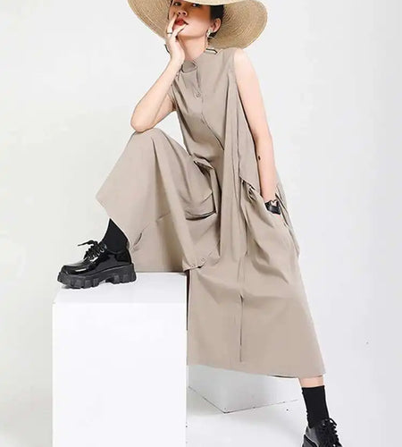 Women Khaki Split Pleated Long  Dress New Stand Collar Sleeveless Loose Fit Fashion Tide Spring Summer 2025 1Y353