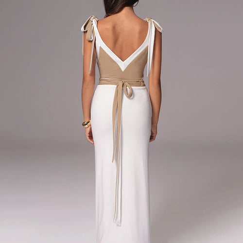 Load image into Gallery viewer, Sexy Sleeveless Deep V Tight Bobysuit Top Skirt Two-piece Set Women Patchwork Elegant Party Autumn Winter New Set 2024
