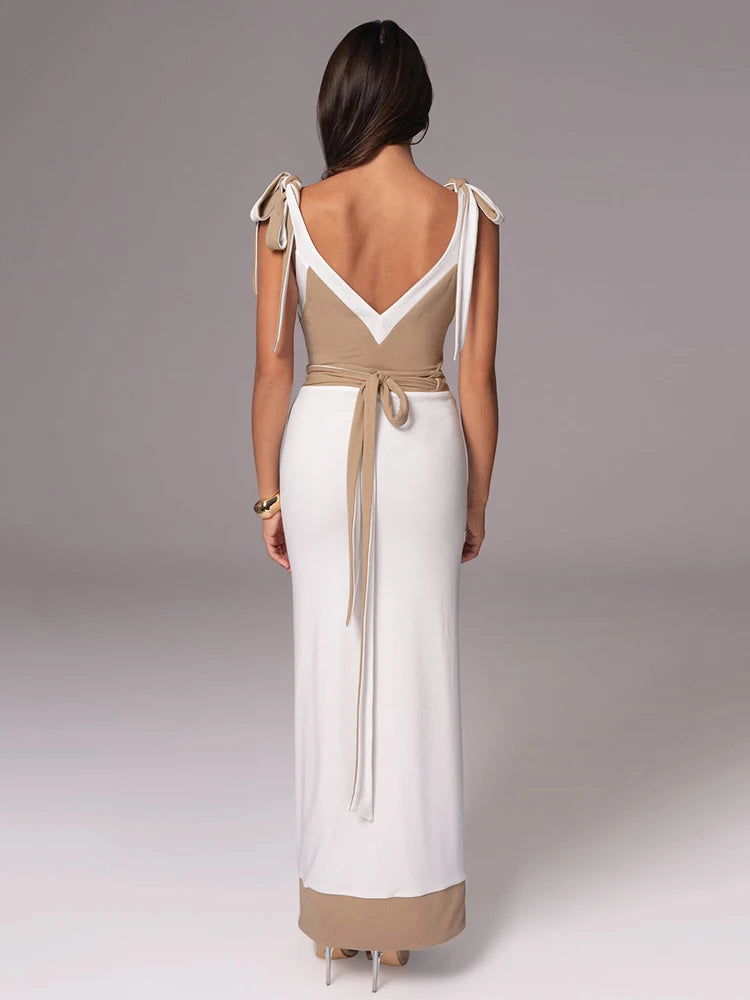 Sexy Sleeveless Deep V Tight Bobysuit Top Skirt Two-piece Set Women Patchwork Elegant Party Autumn Winter New Set 2024