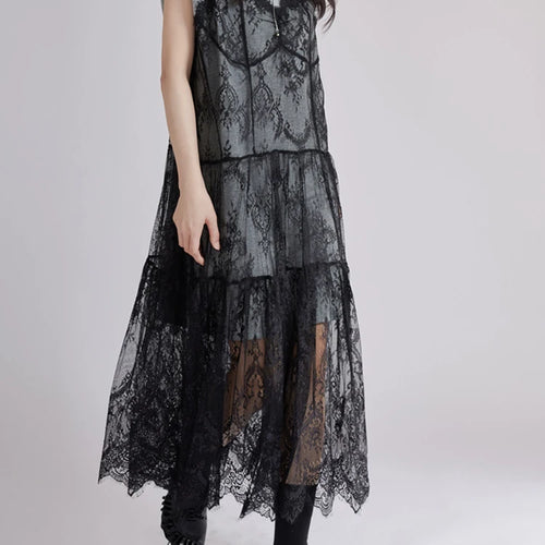 Load image into Gallery viewer, Women Gray Lace Perspective Big Size Midi Dress New Round Neck Short Sleeve Fashion Tide Spring Summer 2025 1DJ1429
