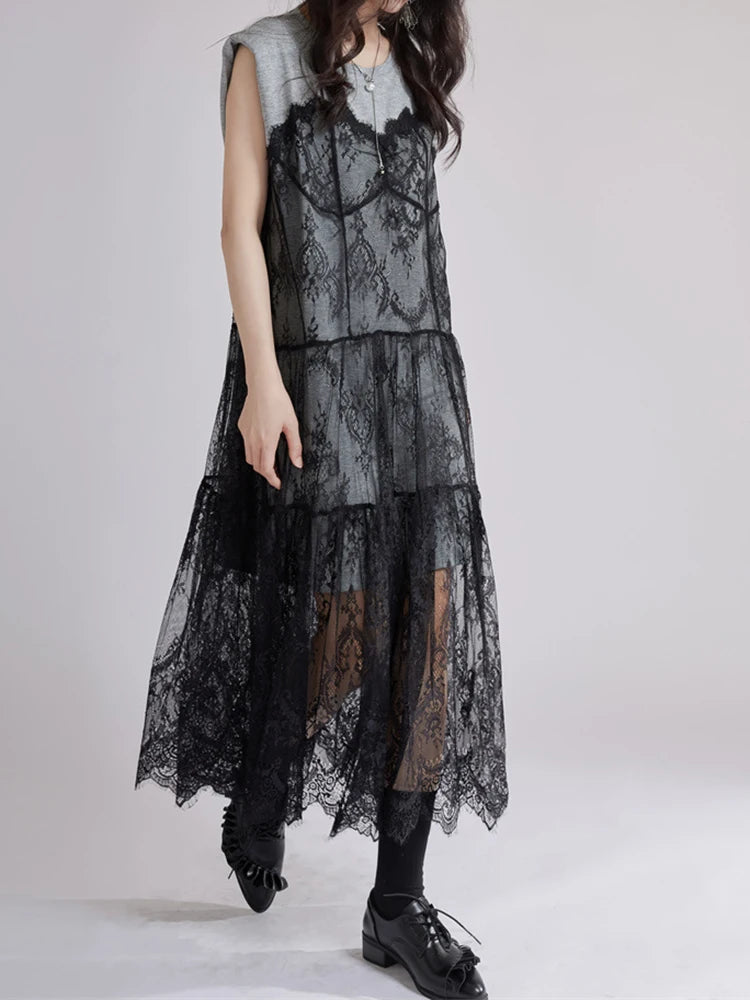 Women Gray Lace Perspective Big Size Midi Dress New Round Neck Short Sleeve Fashion Tide Spring Summer 2025 1DJ1429