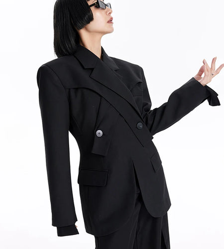 Women Black Button Corss Design Elegant Slim Blazer New Lapel Long Sleeve Jacket Fashion Tide Spring Autumn 2025 7AB1277