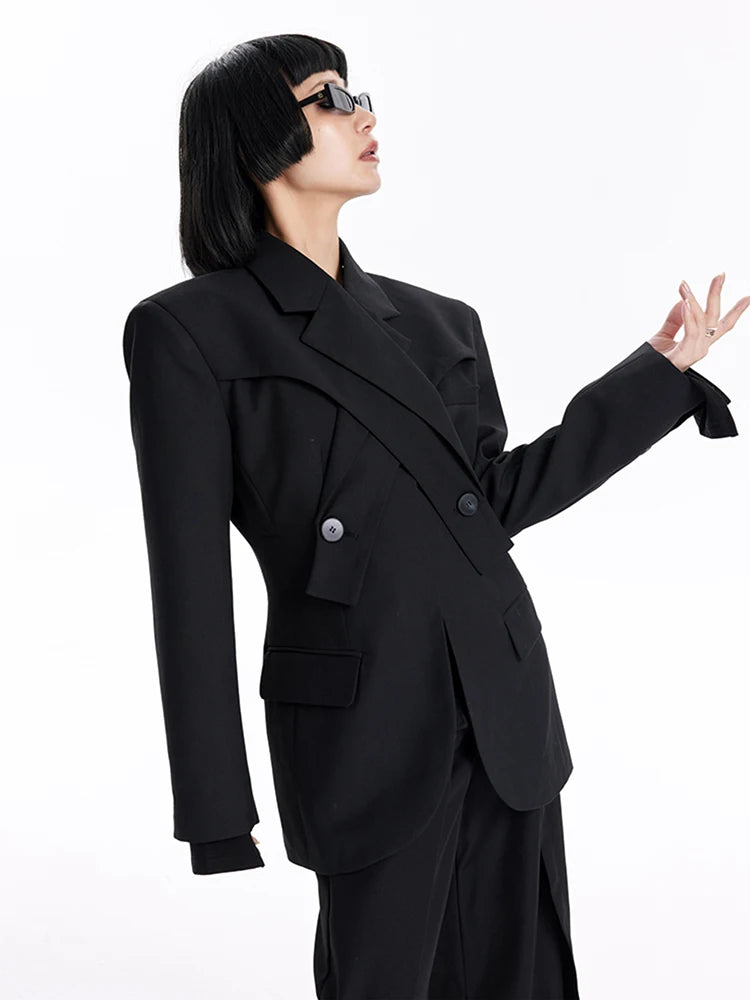 Women Black Button Corss Design Elegant Slim Blazer New Lapel Long Sleeve Jacket Fashion Tide Spring Autumn 2025 7AB1277