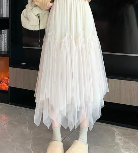 Vintage Autumn White Elegant Pleated Irregular Long Skirt For Women's Black High Waist A-line Mesh Skirts 2024 Versatile Popular