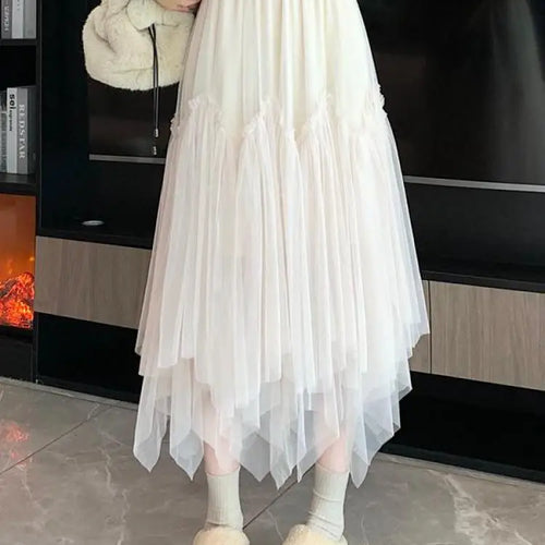 Load image into Gallery viewer, Vintage Autumn White Elegant Pleated Irregular Long Skirt For Women's Black High Waist A-line Mesh Skirts 2024 Versatile Popular

