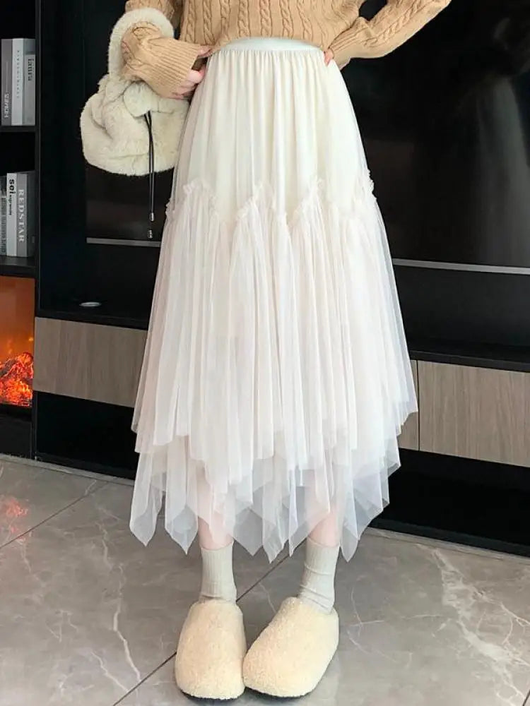 Vintage Autumn White Elegant Pleated Irregular Long Skirt For Women's Black High Waist A-line Mesh Skirts 2024 Versatile Popular