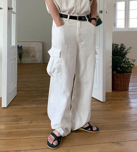 Men's Jeans New Summer Loose Straight Leg Pants Korean Multi Pockets Trendy Solid Color Simple Tide Male Bottoms 9W1610