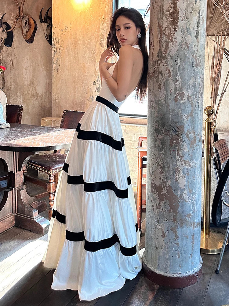 Backless Sleeveless Temperament Dresses For Women Halter Collar High Waist Spliced Buttons Elegant Dress Female Summer 2023