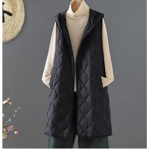 Load image into Gallery viewer, Winter Down Cotton Vest Women Sleeveless Jacket Vintage Warm Casual Mid Length Coat Ladies Single Breast Long Hooded Waistcoat
