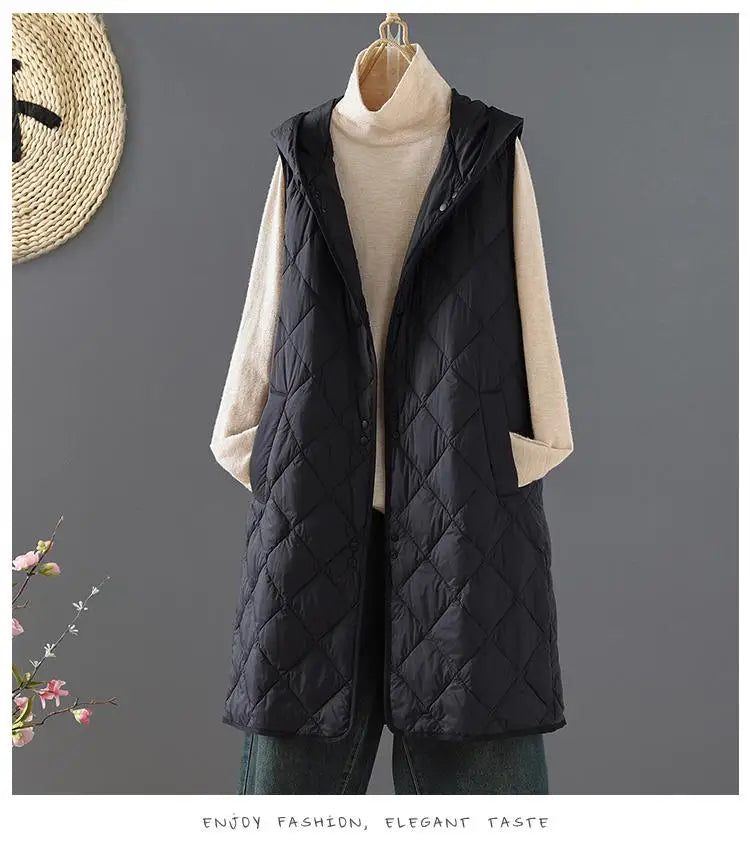 Winter Down Cotton Vest Women Sleeveless Jacket Vintage Warm Casual Mid Length Coat Ladies Single Breast Long Hooded Waistcoat