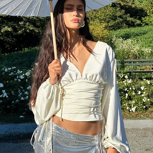 Load image into Gallery viewer, Lace-up Long Sleeve Sexy T-shirt Women Tops White Bandage Deep V Neck Ruched Slim Tees Ladies Fashion Solid Tops
