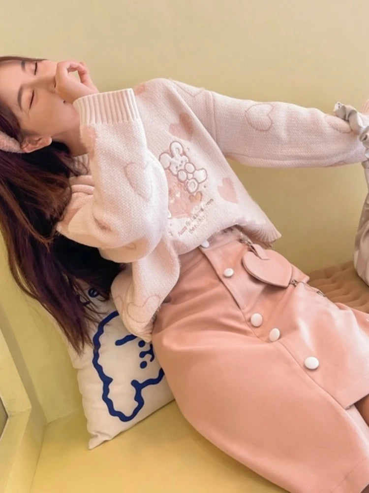 Harajuku Y2k Women Sweater Preppy Style Cute Rabbit Embroidery V-neck Knitted Jumper Top Sweet Pullover Sueter Mujer