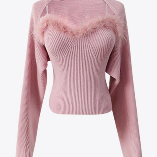 Load image into Gallery viewer, Two- piece Sweaters Women Korean Fashion Long Sleeve Knitted Cardigan Woman + Fluff Camisole Sweet Camisole Female  C-036
