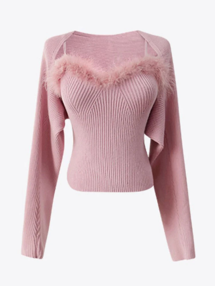 Two- piece Sweaters Women Korean Fashion Long Sleeve Knitted Cardigan Woman + Fluff Camisole Sweet Camisole Female  C-036