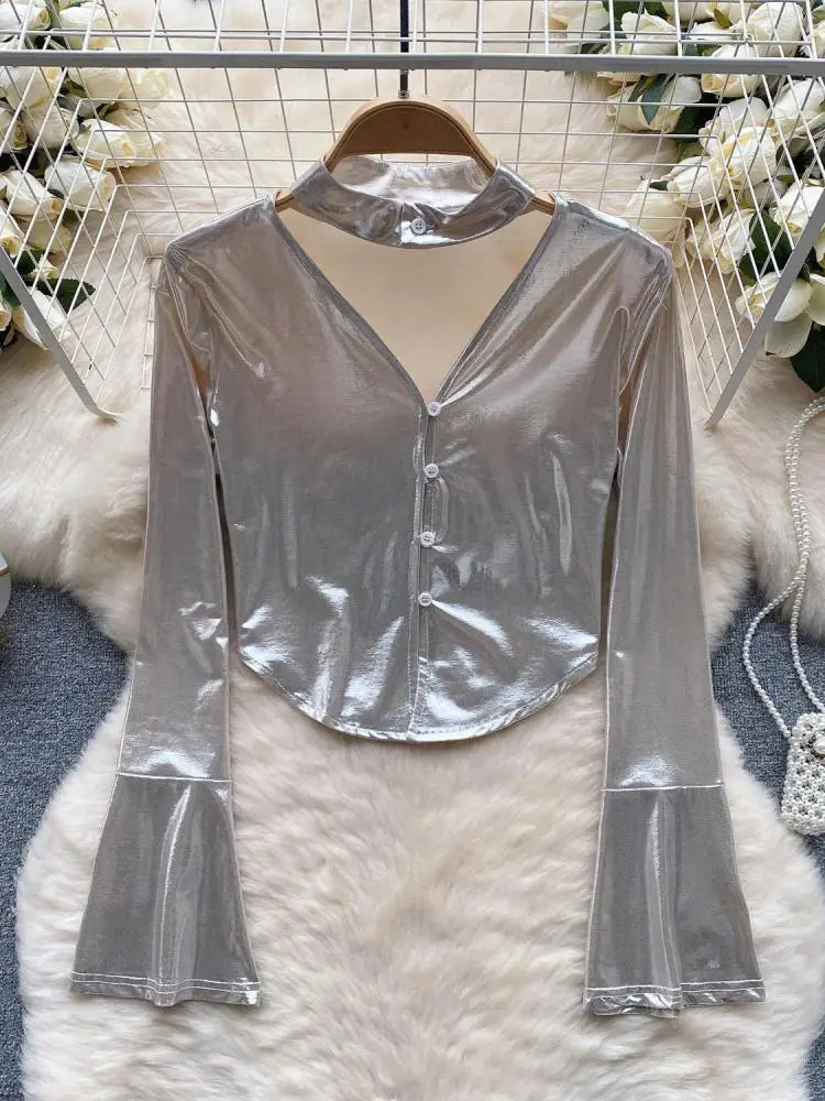 Vintage Solid Sexy Slim High Quality T Shirt Women Elegant Short Tops Spring Autumn Club Party Flared Long Sleeve Tee Shirt Chic