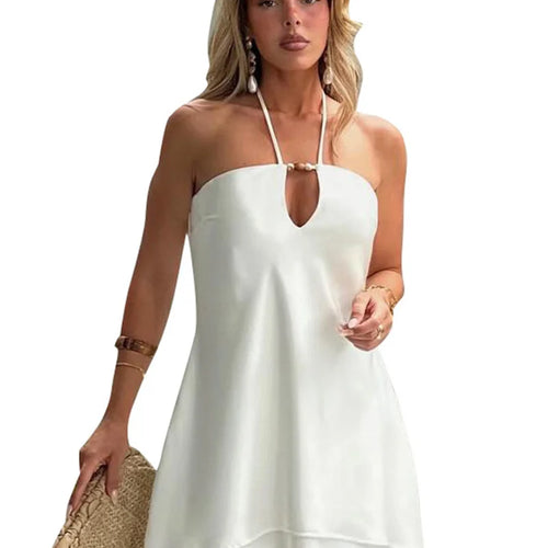 Load image into Gallery viewer, Halter Off-shoulder Backless Sexy Mini Dress Women White Hollow Out Strapless Lace-up A-line Club Dress Summer 2025
