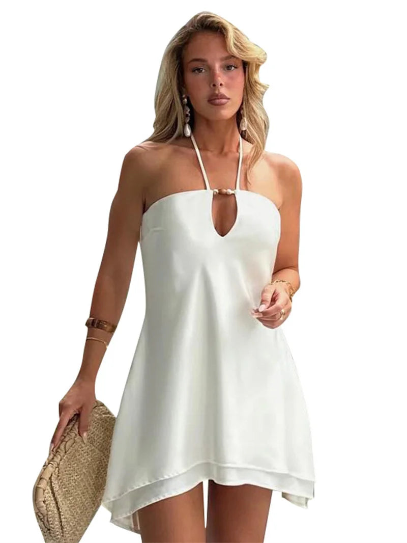 Halter Off-shoulder Backless Sexy Mini Dress Women White Hollow Out Strapless Lace-up A-line Club Dress Summer 2025