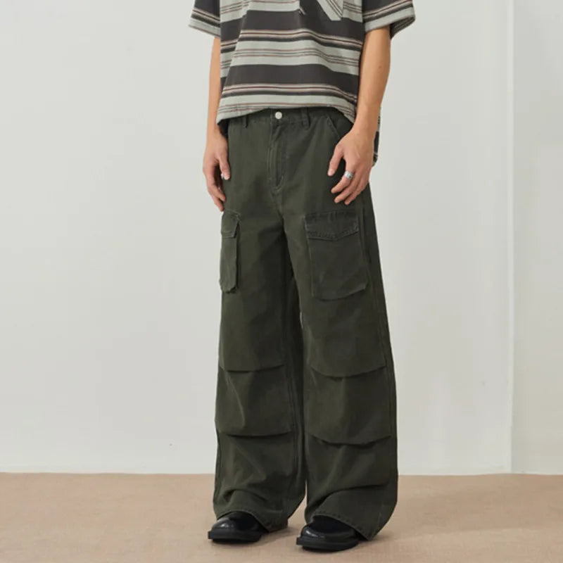 Men's Cargo Pants New American Style Multi Pockets High Street Straight Wide Leg Pants Solid Color Male Trousers 9W1898