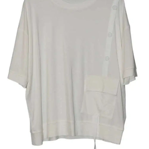 Load image into Gallery viewer, Women Black Irregular Button Pocket Big Size Casual T-shirt New Round Neck Short Sleeve Fashion Spring Summer 2025 1DJ0223
