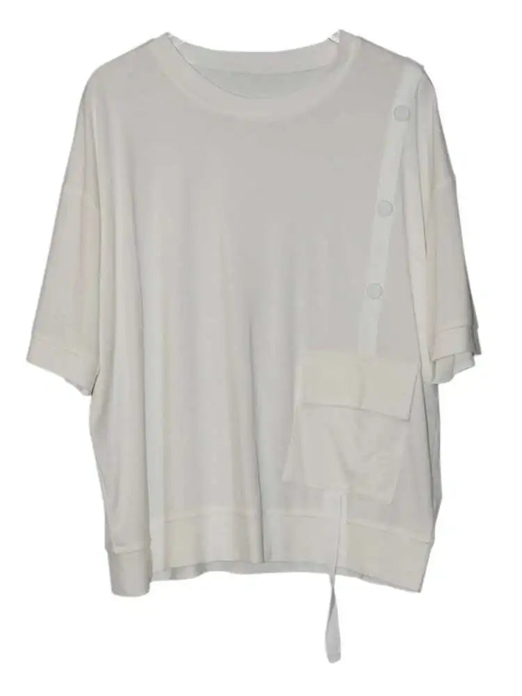 Women Black Irregular Button Pocket Big Size Casual T-shirt New Round Neck Short Sleeve Fashion Spring Summer 2025 1DJ0223