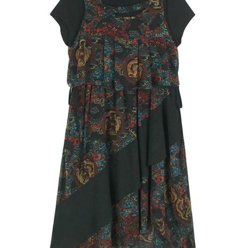 Load image into Gallery viewer, Women Black Pattern Printed Big Size Midi Dress New Round Neck Short Sleeve Fashion Tide Spring Summer 2025 1DJ0298
