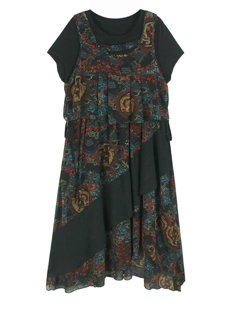 Women Black Pattern Printed Big Size Midi Dress New Round Neck Short Sleeve Fashion Tide Spring Summer 2025 1DJ0298