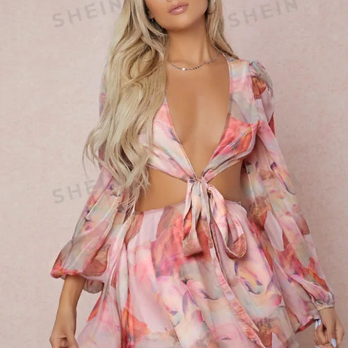 Load image into Gallery viewer, Sexy Deep V-print Long Sleeved Lace Up Women Playsuit Autumn Casual Lantern Sleeve Chiffon Elegant Holiday Party Beach
