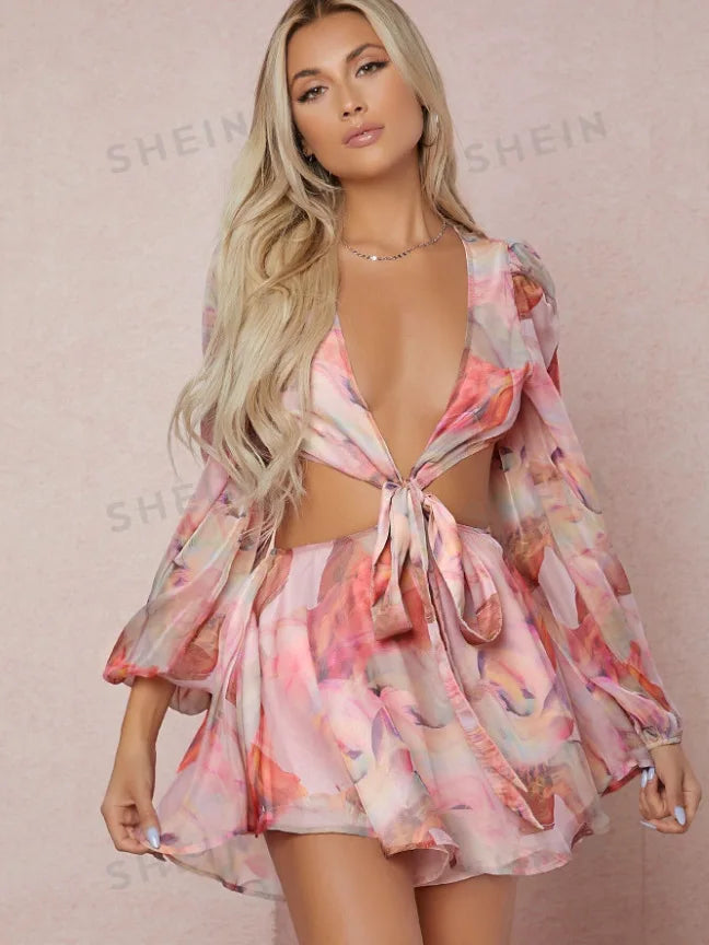 Sexy Deep V-print Long Sleeved Lace Up Women Playsuit Autumn Casual Lantern Sleeve Chiffon Elegant Holiday Party Beach