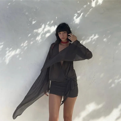 Load image into Gallery viewer, Mesh See Through Sexy Mini Dress For Women Black Sheer Mesh Deep V Neck Long Sleeve Backless Draped Ruched Dress
