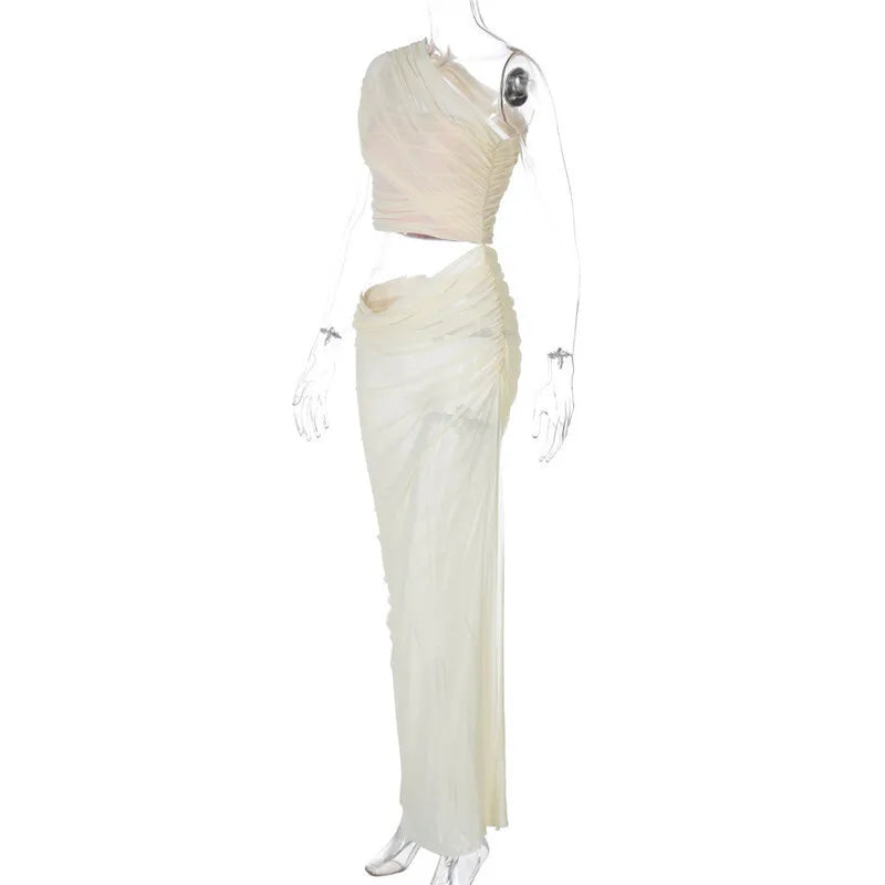 Mesh Hollow Out Backless Sexy Maxi Dress For Women Fashion One Sleeveless See Through Ruched Bodycon Club Long Dress