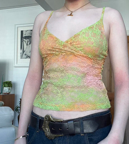 Random Colorful Lace Hook Floral Slimming Camisole Women's Summer Chic Cross V-Neck Mini Cropped Tops Y2K Aesthetics