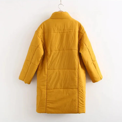 Load image into Gallery viewer, Long Parkas Jacket For Women Yellow Solid Cartoon Embridery Pocket Coat Winter  Sleeve Single-breasted Warm Outwear
