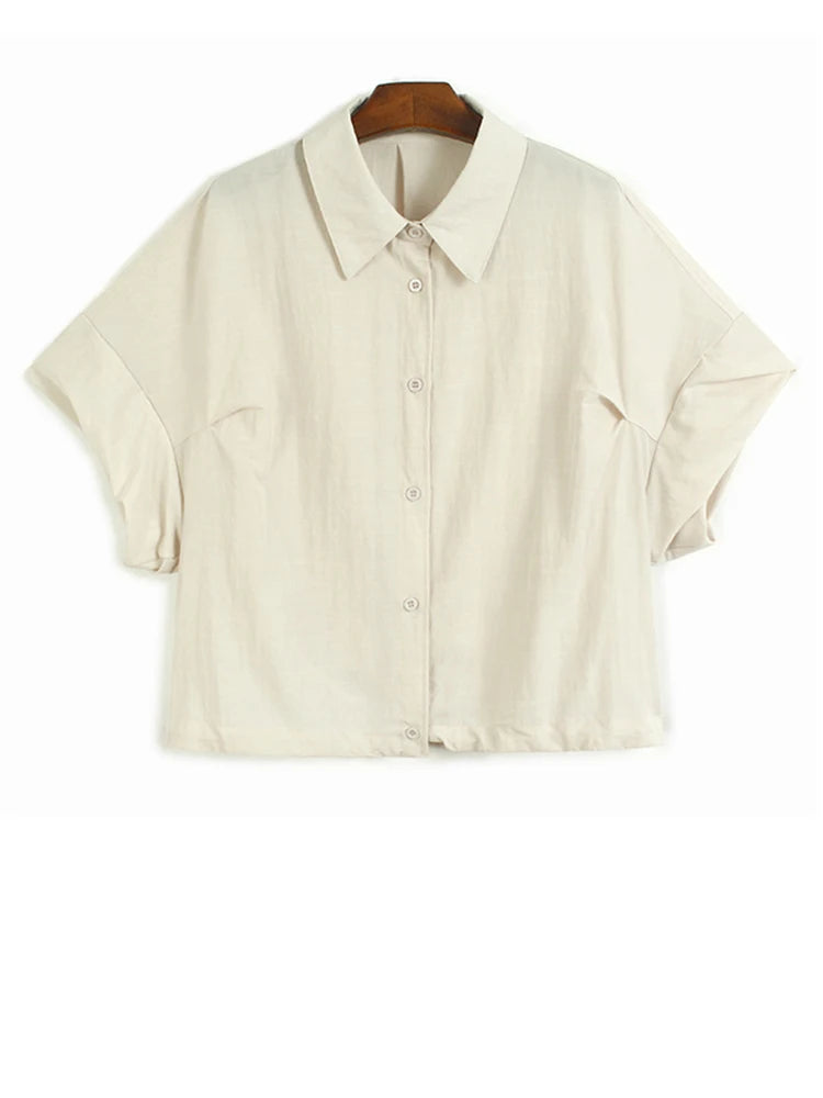 Women Blue Brief Pleated Big Size Thin Blouse New Lapel Short Puff Sleeve Shirt Fashion Tide Spring Summer 2025 1DJ1198